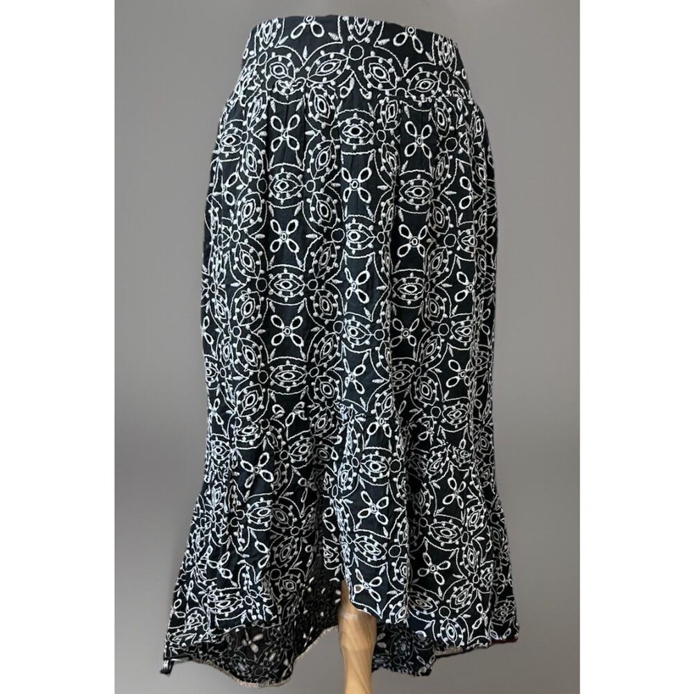 INC Womens M Black White Embroidered Eyelet Hi-Lo Boho Indie Midi Skirt Cotton